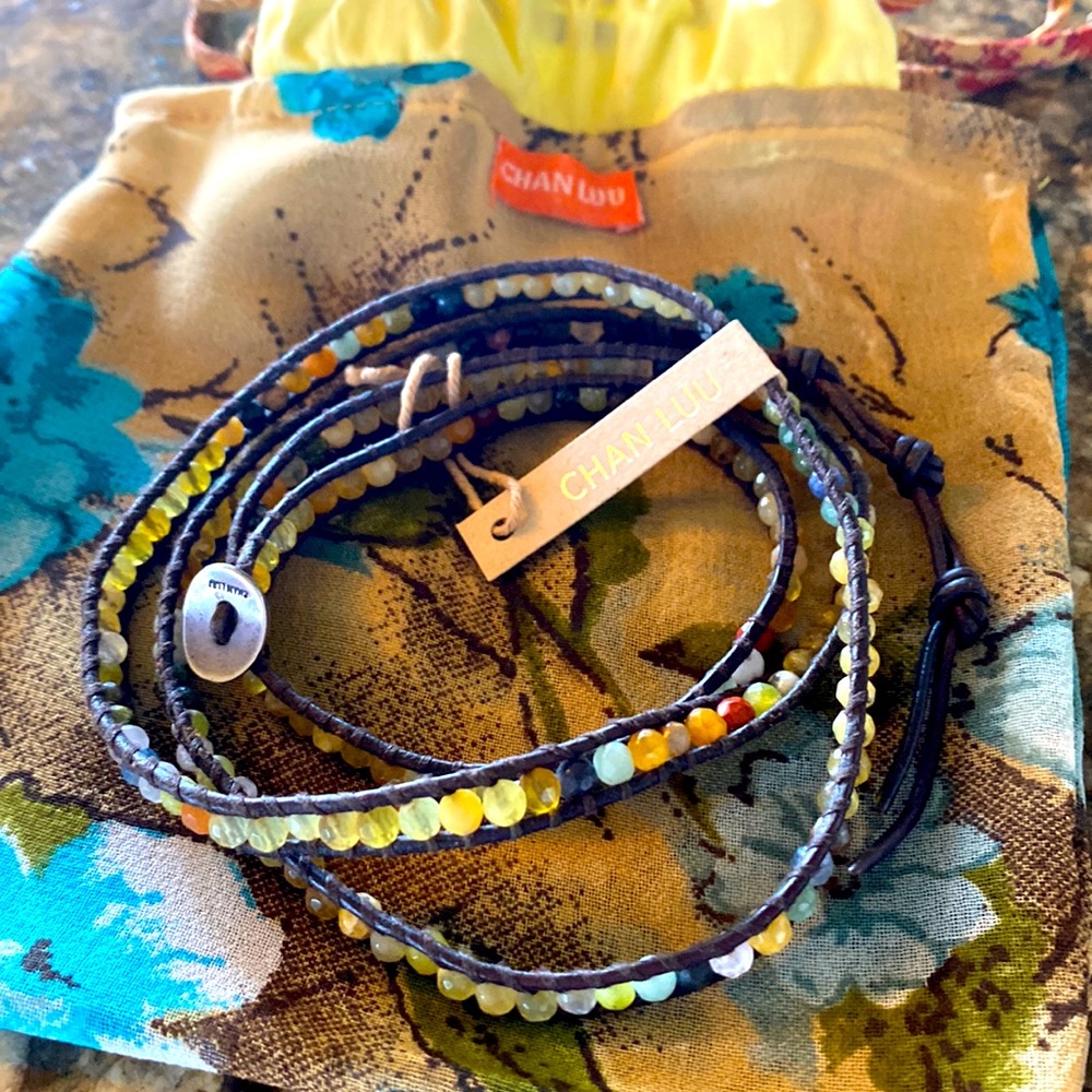 Chan Luu brown leather wrap bracelet with earth tone all natural stones.